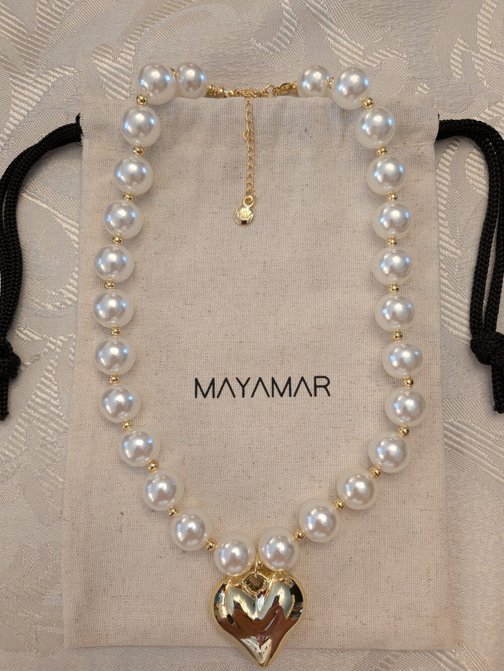 Mayamar Chunky Pearl Beaded Necklace with Gold Puffy Heart & Gift Bag - Picture 2 of 4